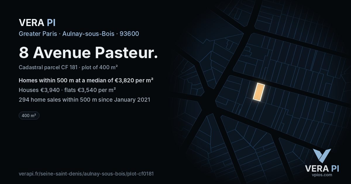 8 Avenue Pasteur, Aulnay-sous-Bois at night – the plot lit, the parcels around coloured by the prices near them