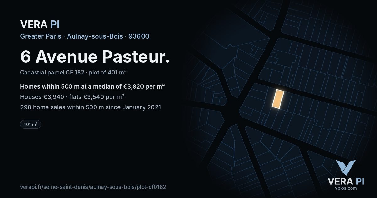 6 Avenue Pasteur, Aulnay-sous-Bois at night – the plot lit, the parcels around coloured by the prices near them