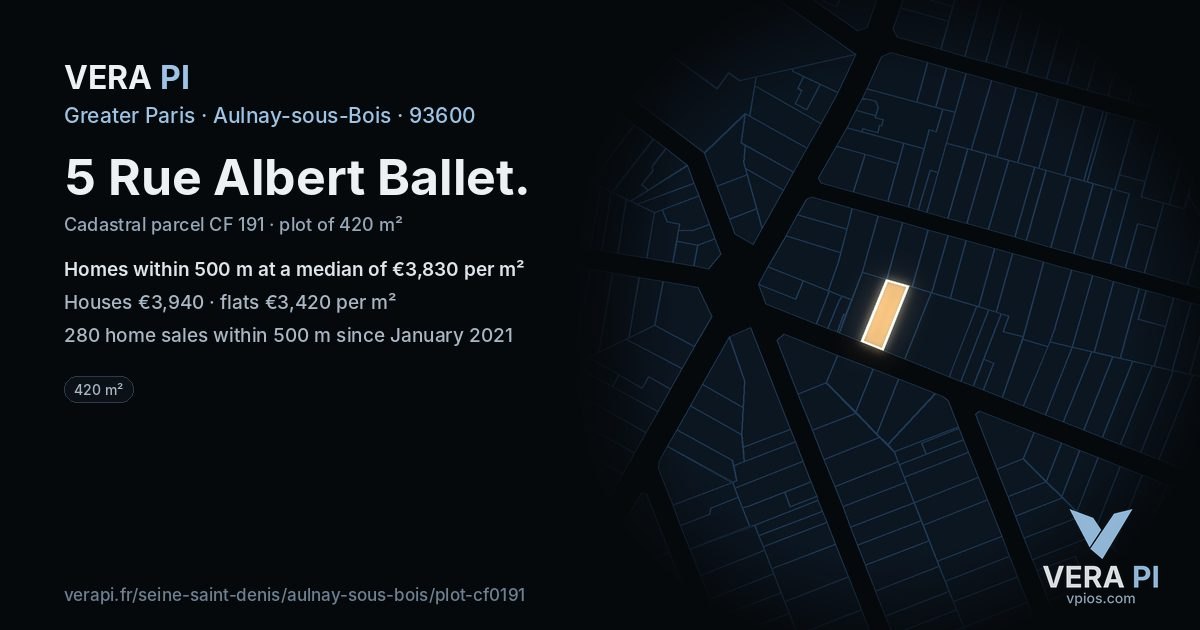 5 Rue Albert Ballet, Aulnay-sous-Bois at night – the plot lit, the parcels around coloured by the prices near them