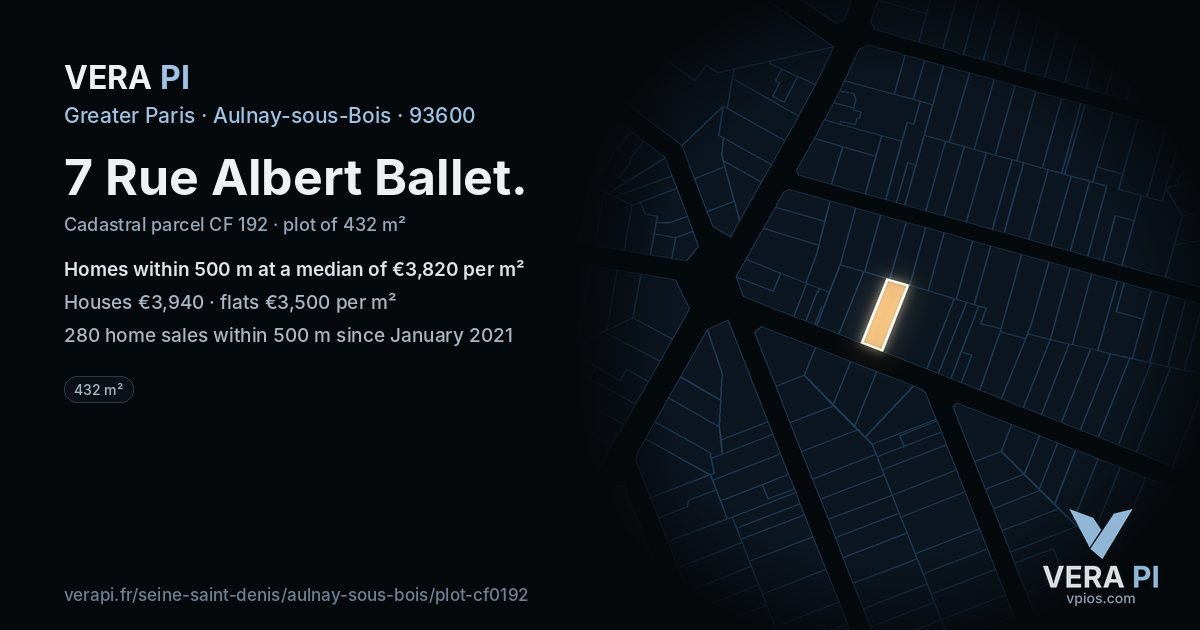 7 Rue Albert Ballet, Aulnay-sous-Bois at night – the plot lit, the parcels around coloured by the prices near them