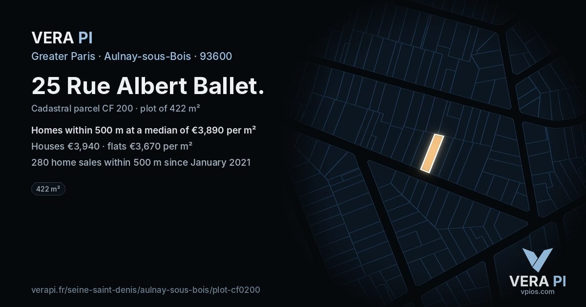 25 Rue Albert Ballet, Aulnay-sous-Bois at night – the plot lit, the parcels around coloured by the prices near them