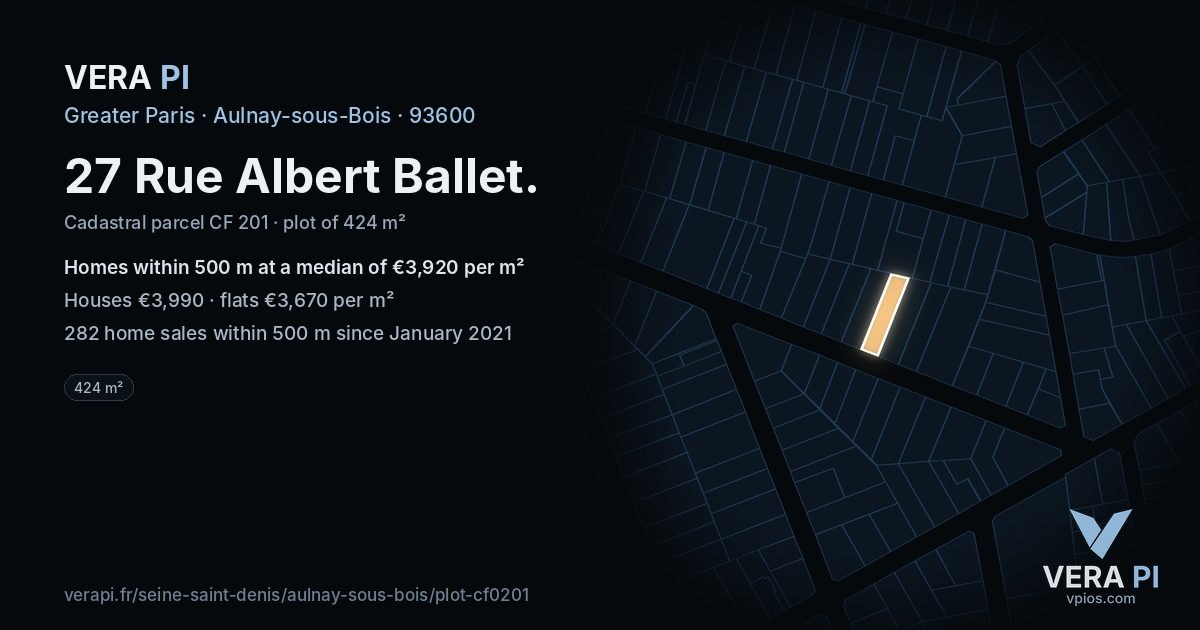 27 Rue Albert Ballet, Aulnay-sous-Bois at night – the plot lit, the parcels around coloured by the prices near them