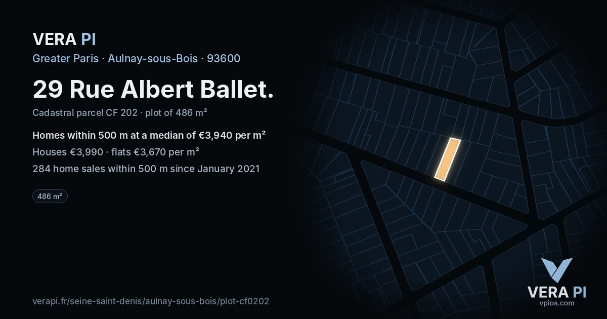 29 Rue Albert Ballet, Aulnay-sous-Bois at night – the plot lit, the parcels around coloured by the prices near them
