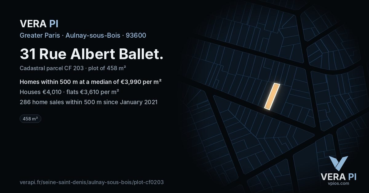 31 Rue Albert Ballet, Aulnay-sous-Bois at night – the plot lit, the parcels around coloured by the prices near them