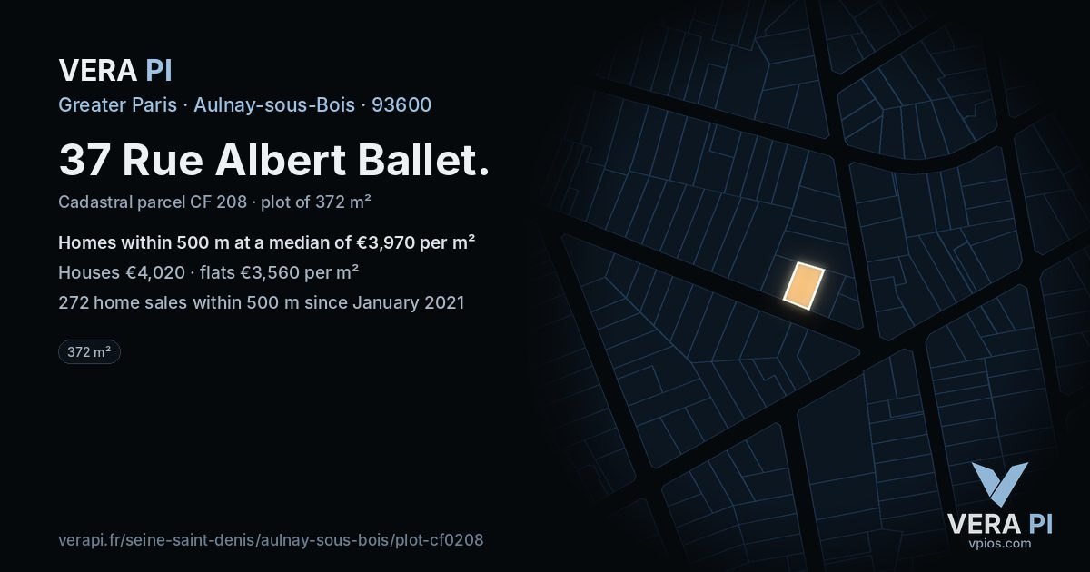 37 Rue Albert Ballet, Aulnay-sous-Bois at night – the plot lit, the parcels around coloured by the prices near them