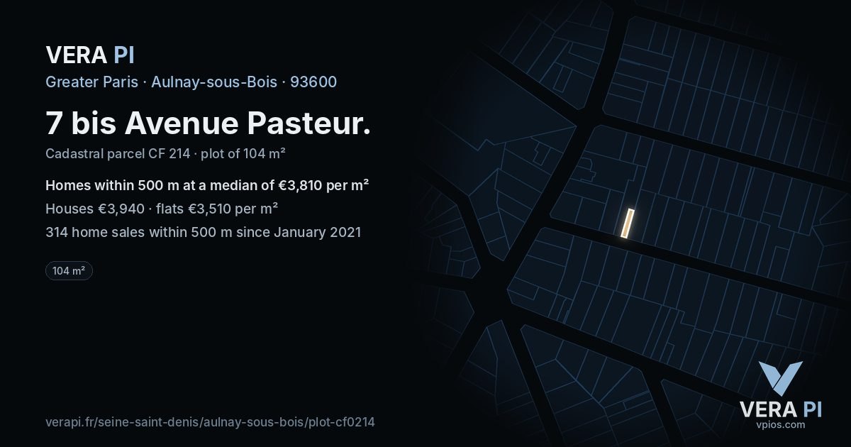 7 bis Avenue Pasteur, Aulnay-sous-Bois at night – the plot lit, the parcels around coloured by the prices near them
