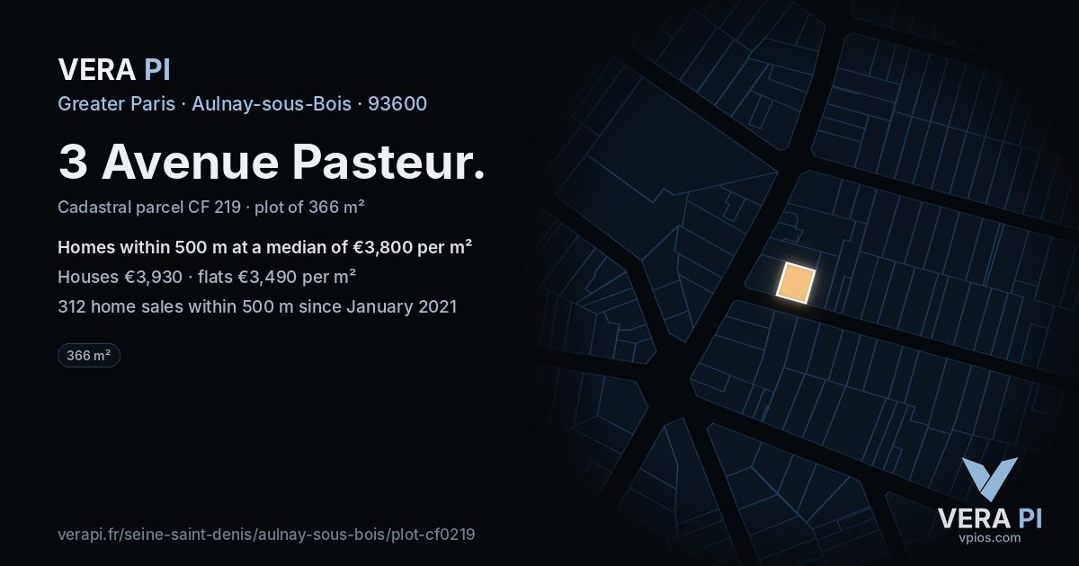 3 Avenue Pasteur, Aulnay-sous-Bois at night – the plot lit, the parcels around coloured by the prices near them