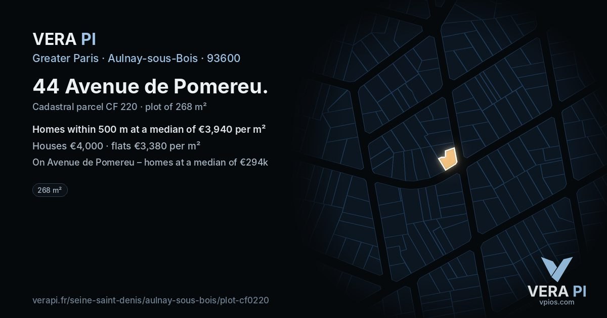 44 Avenue de Pomereu, Aulnay-sous-Bois at night – the plot lit, the parcels around coloured by the prices near them