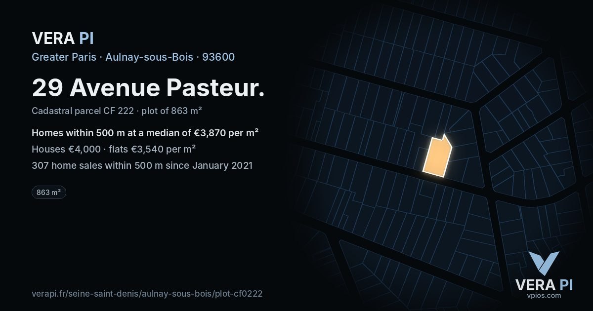 29 Avenue Pasteur, Aulnay-sous-Bois at night – the plot lit, the parcels around coloured by the prices near them