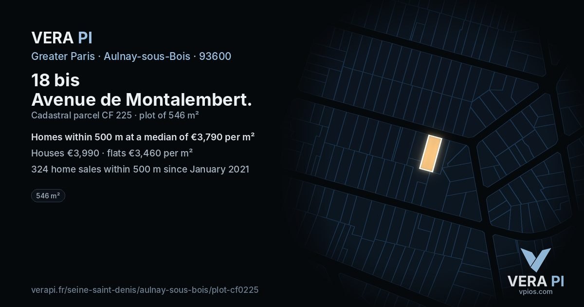 18 bis Avenue de Montalembert, Aulnay-sous-Bois at night – the plot lit, the parcels around coloured by the prices near them