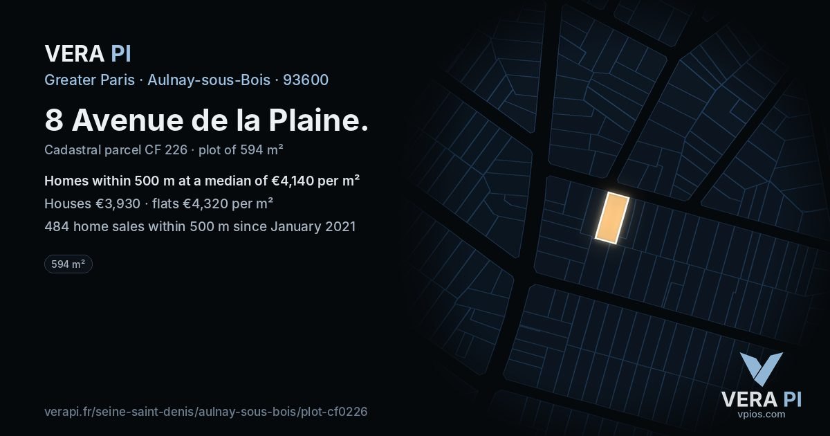 8 Avenue de la Plaine, Aulnay-sous-Bois at night – the plot lit, the parcels around coloured by the prices near them