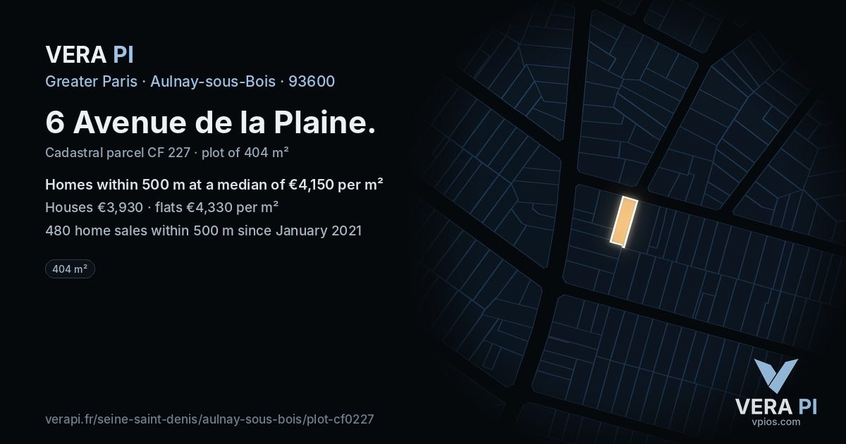6 Avenue de la Plaine, Aulnay-sous-Bois at night – the plot lit, the parcels around coloured by the prices near them