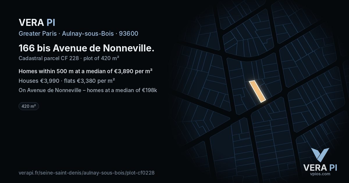 166 bis Avenue de Nonneville, Aulnay-sous-Bois at night – the plot lit, the parcels around coloured by the prices near them