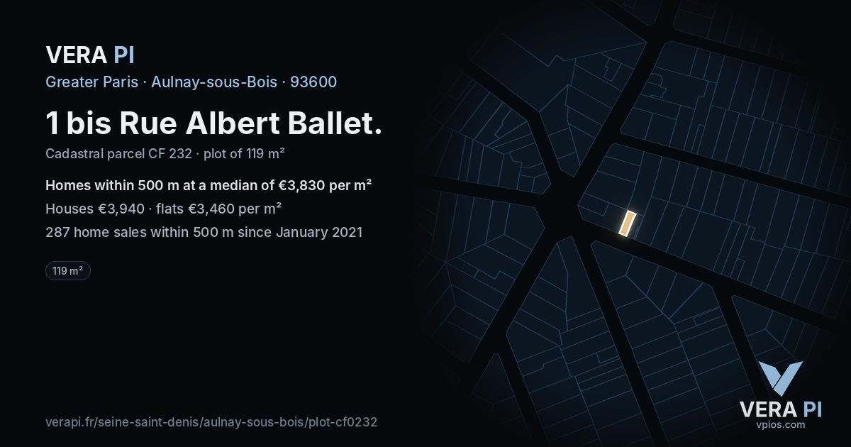 1 bis Rue Albert Ballet, Aulnay-sous-Bois at night – the plot lit, the parcels around coloured by the prices near them