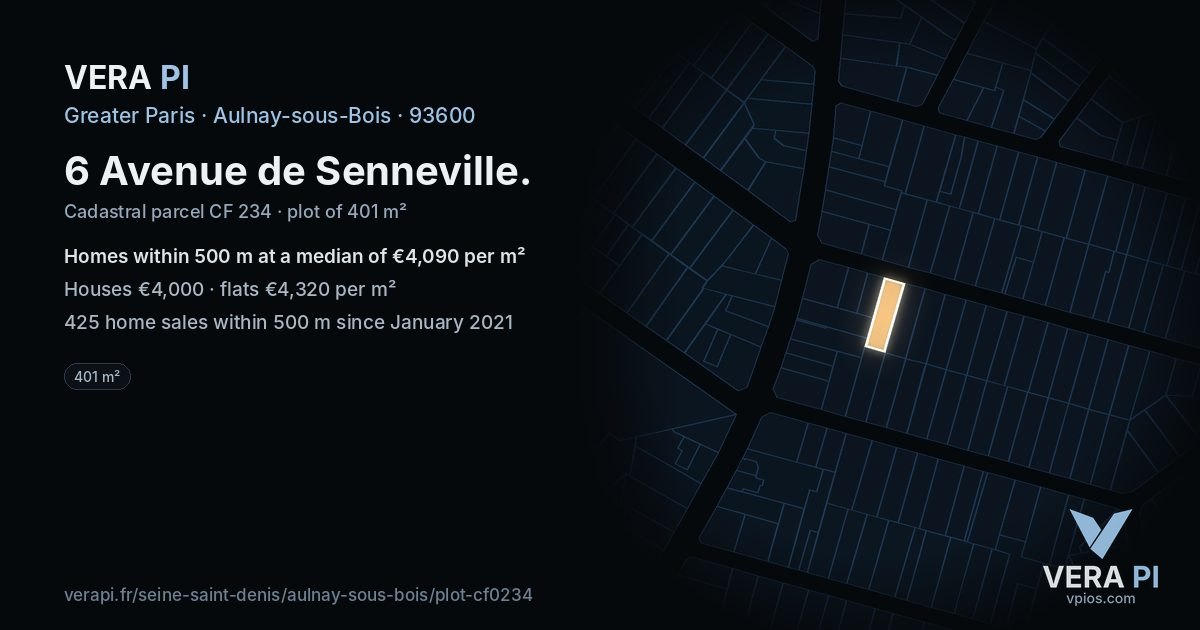 6 Avenue de Senneville, Aulnay-sous-Bois at night – the plot lit, the parcels around coloured by the prices near them