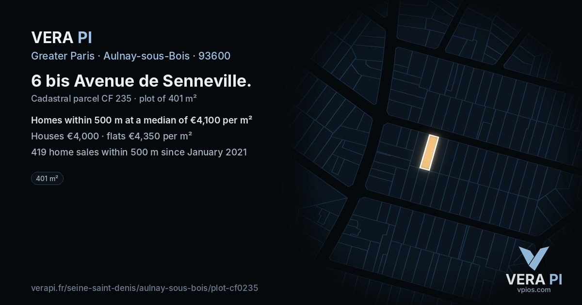6 bis Avenue de Senneville, Aulnay-sous-Bois at night – the plot lit, the parcels around coloured by the prices near them