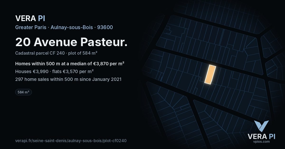 20 Avenue Pasteur, Aulnay-sous-Bois at night – the plot lit, the parcels around coloured by the prices near them