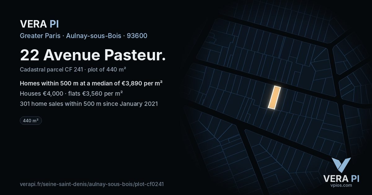 22 Avenue Pasteur, Aulnay-sous-Bois at night – the plot lit, the parcels around coloured by the prices near them