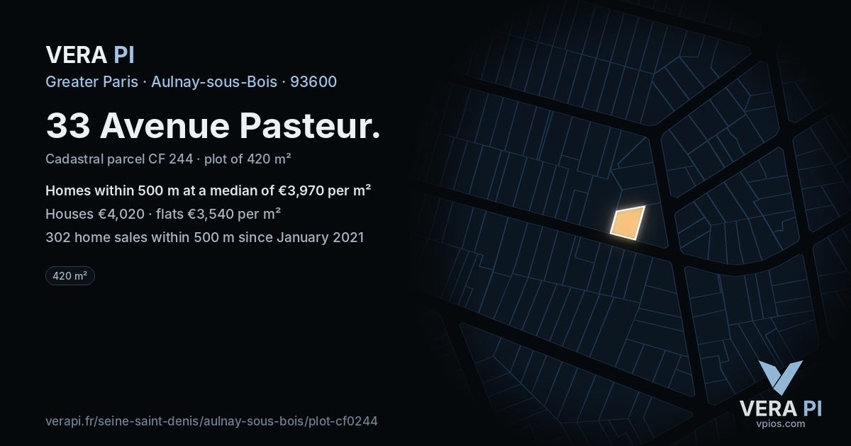 33 Avenue Pasteur, Aulnay-sous-Bois at night – the plot lit, the parcels around coloured by the prices near them