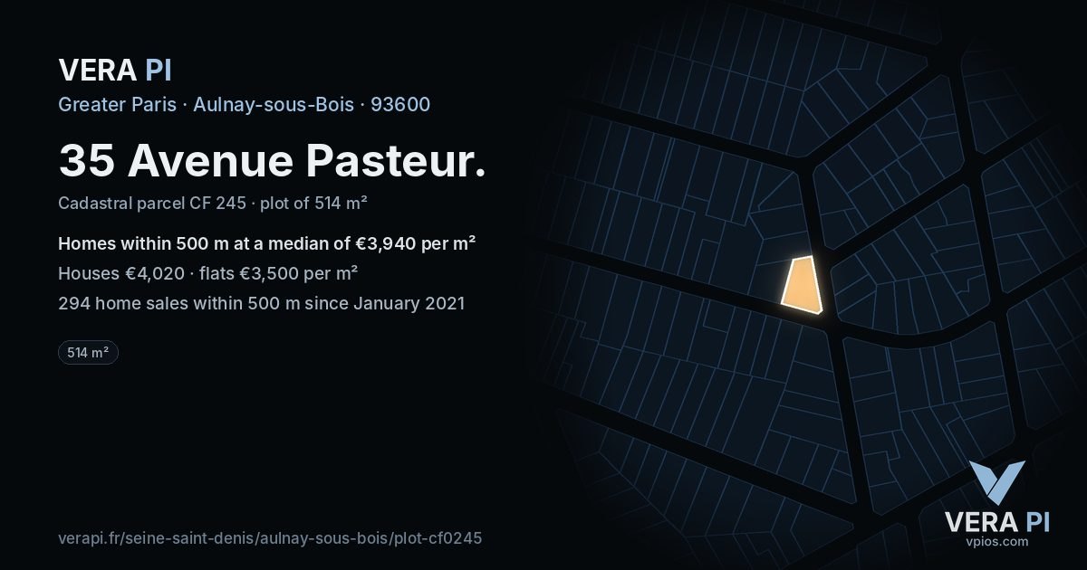 35 Avenue Pasteur, Aulnay-sous-Bois at night – the plot lit, the parcels around coloured by the prices near them