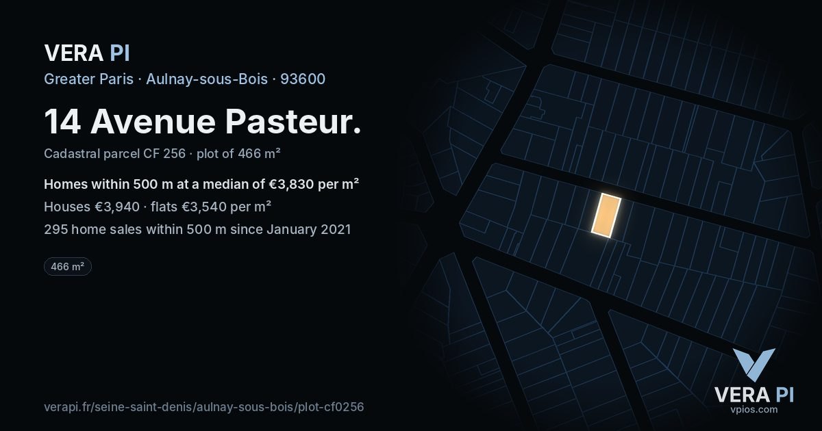 14 Avenue Pasteur, Aulnay-sous-Bois at night – the plot lit, the parcels around coloured by the prices near them