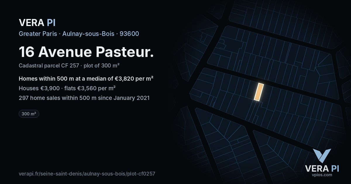 16 Avenue Pasteur, Aulnay-sous-Bois at night – the plot lit, the parcels around coloured by the prices near them