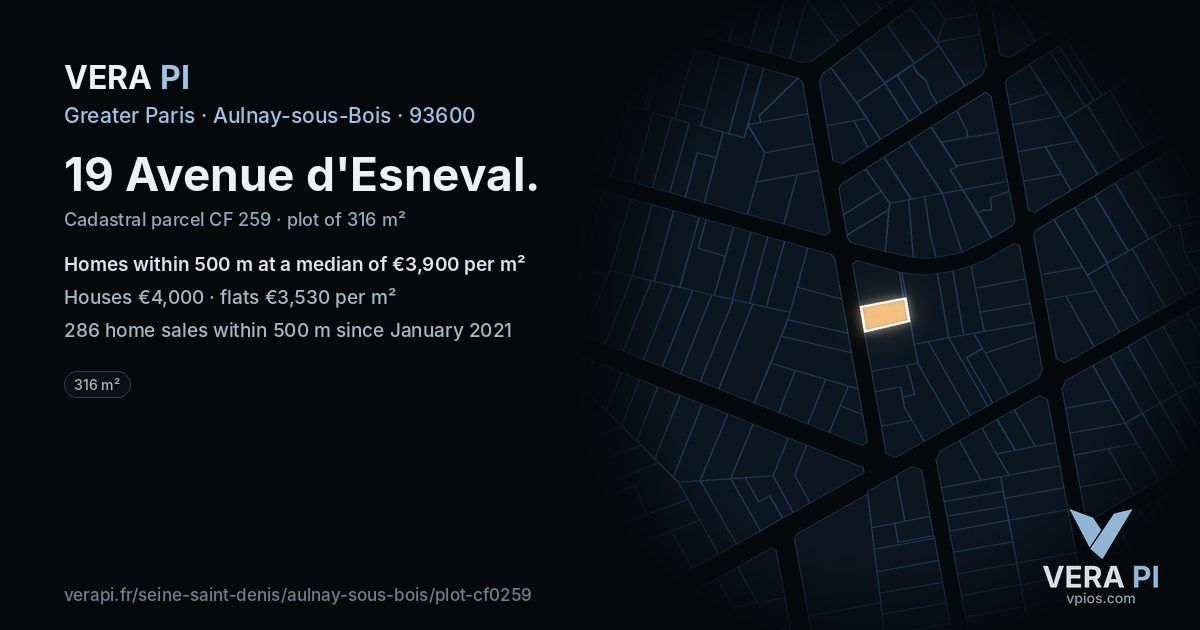 19 Avenue d'Esneval, Aulnay-sous-Bois at night – the plot lit, the parcels around coloured by the prices near them