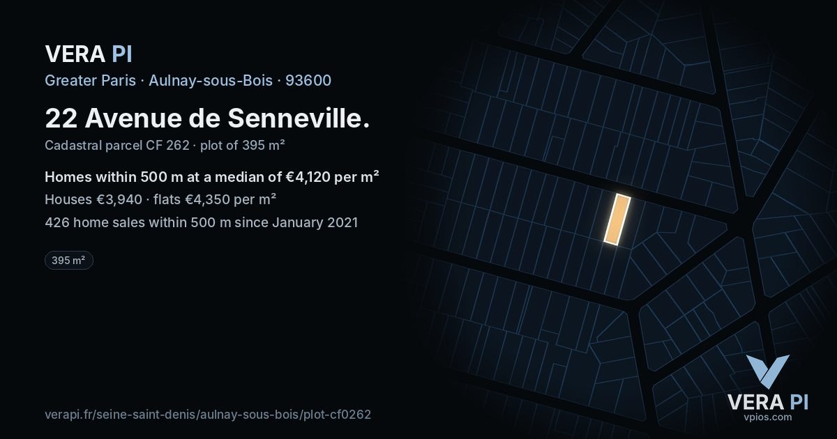 22 Avenue de Senneville, Aulnay-sous-Bois at night – the plot lit, the parcels around coloured by the prices near them