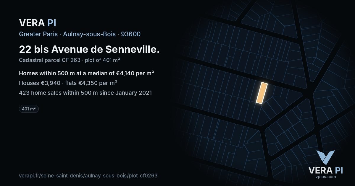 22 bis Avenue de Senneville, Aulnay-sous-Bois at night – the plot lit, the parcels around coloured by the prices near them