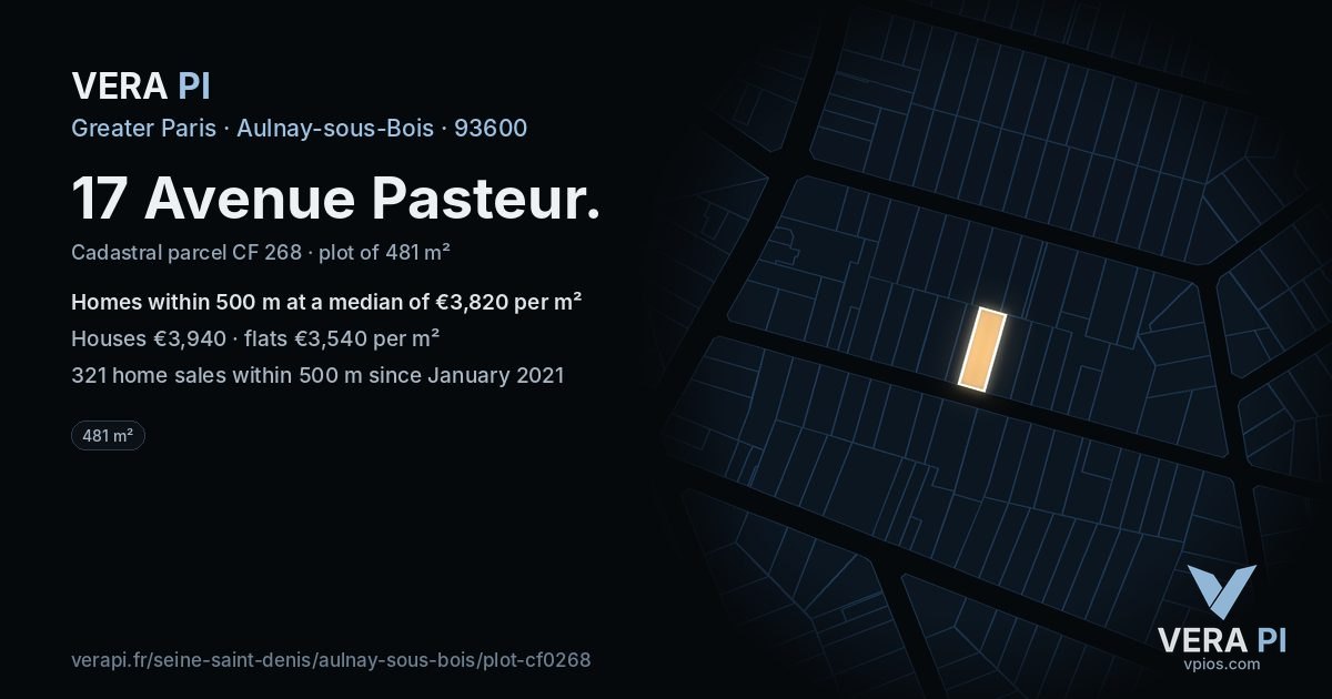 17 Avenue Pasteur, Aulnay-sous-Bois at night – the plot lit, the parcels around coloured by the prices near them