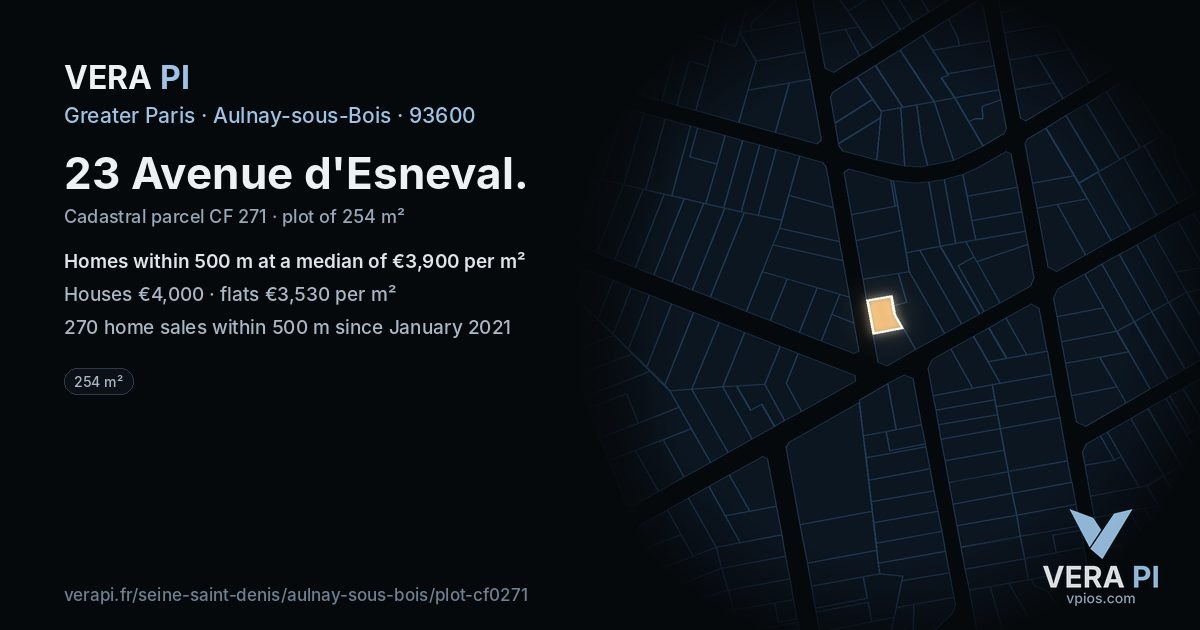 23 Avenue d'Esneval, Aulnay-sous-Bois at night – the plot lit, the parcels around coloured by the prices near them