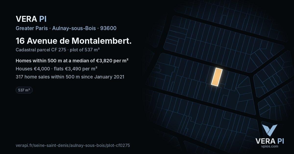 16 Avenue de Montalembert, Aulnay-sous-Bois at night – the plot lit, the parcels around coloured by the prices near them
