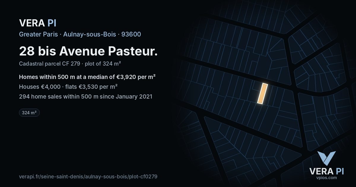 28 bis Avenue Pasteur, Aulnay-sous-Bois at night – the plot lit, the parcels around coloured by the prices near them