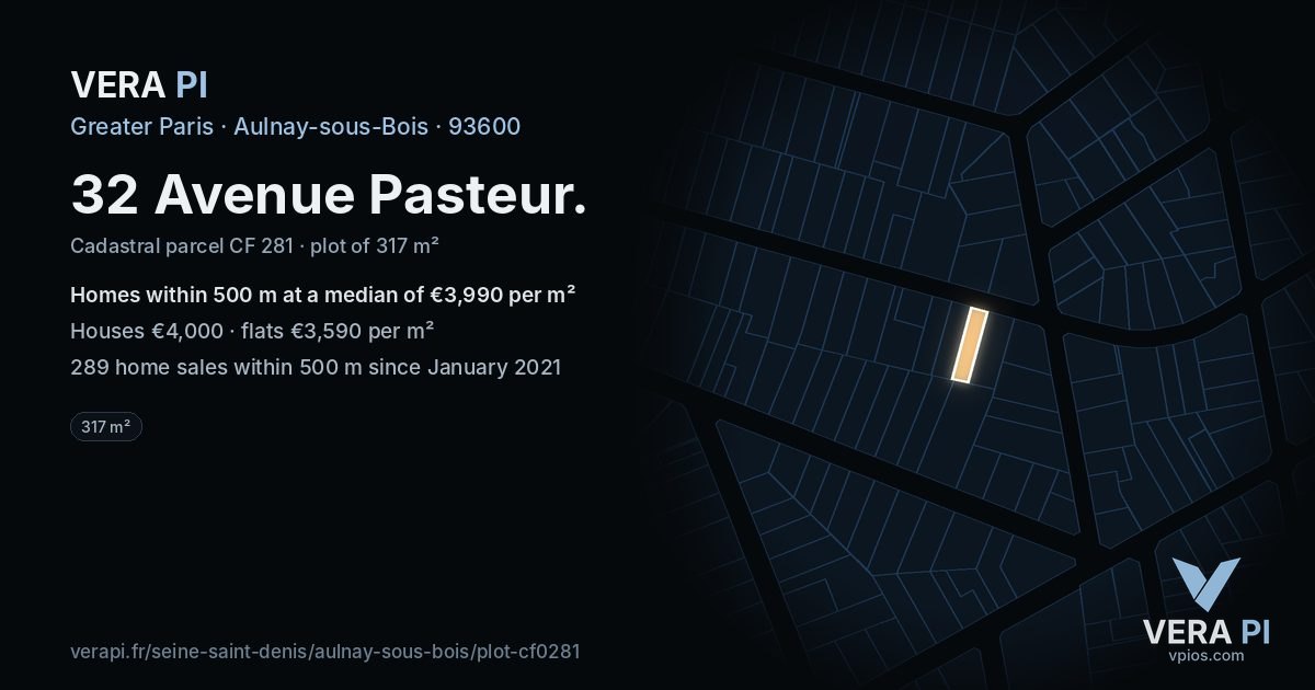 32 Avenue Pasteur, Aulnay-sous-Bois at night – the plot lit, the parcels around coloured by the prices near them