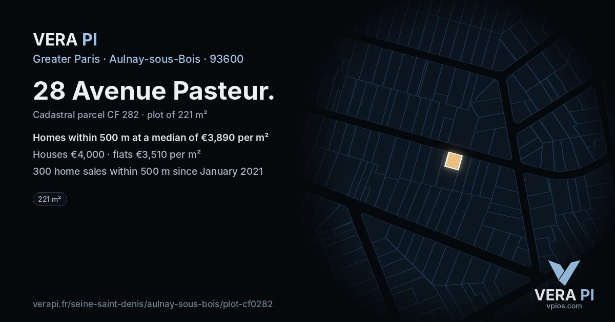 28 Avenue Pasteur, Aulnay-sous-Bois at night – the plot lit, the parcels around coloured by the prices near them