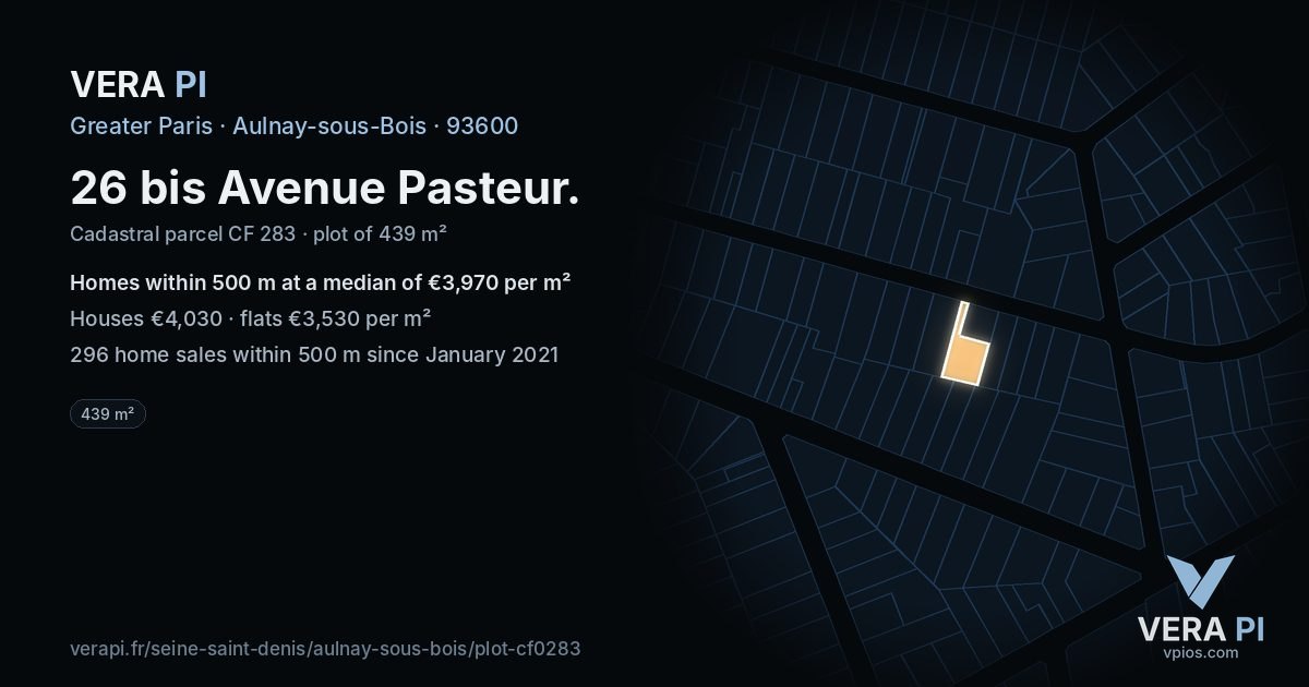 26 bis Avenue Pasteur, Aulnay-sous-Bois at night – the plot lit, the parcels around coloured by the prices near them