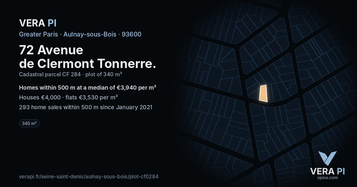 72 Avenue de Clermont Tonnerre, Aulnay-sous-Bois at night – the plot lit, the parcels around coloured by the prices near them
