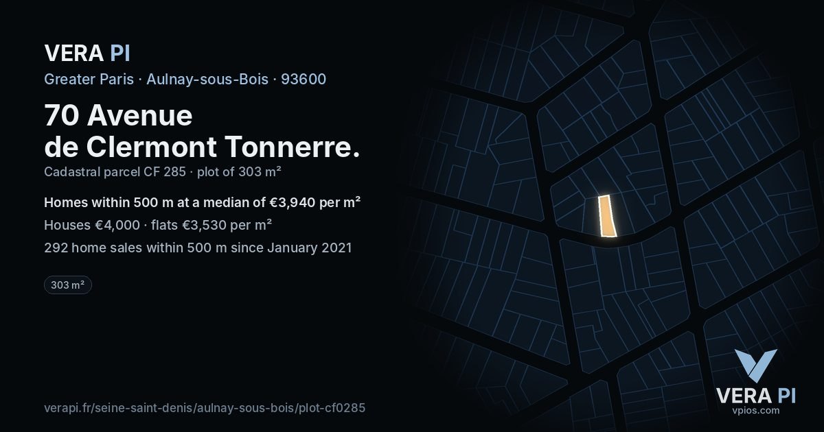 70 Avenue de Clermont Tonnerre, Aulnay-sous-Bois at night – the plot lit, the parcels around coloured by the prices near them