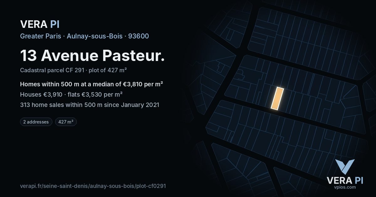 13 Avenue Pasteur, Aulnay-sous-Bois at night – the plot lit, the parcels around coloured by the prices near them