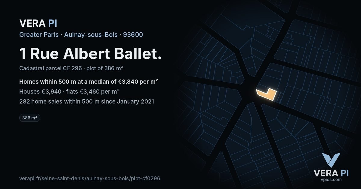 1 Rue Albert Ballet, Aulnay-sous-Bois at night – the plot lit, the parcels around coloured by the prices near them