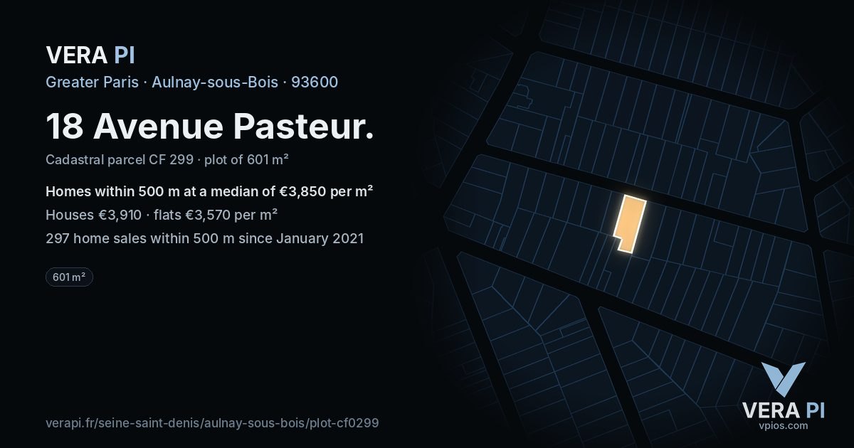 18 Avenue Pasteur, Aulnay-sous-Bois at night – the plot lit, the parcels around coloured by the prices near them