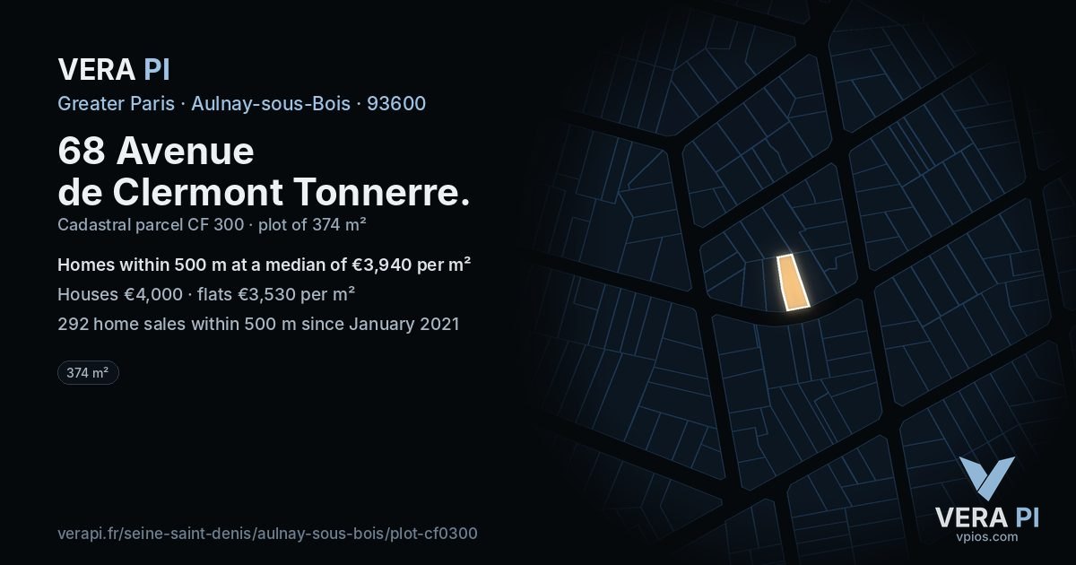 68 Avenue de Clermont Tonnerre, Aulnay-sous-Bois at night – the plot lit, the parcels around coloured by the prices near them