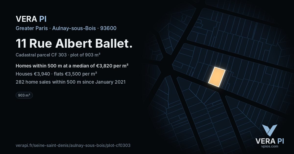 11 Rue Albert Ballet, Aulnay-sous-Bois at night – the plot lit, the parcels around coloured by the prices near them