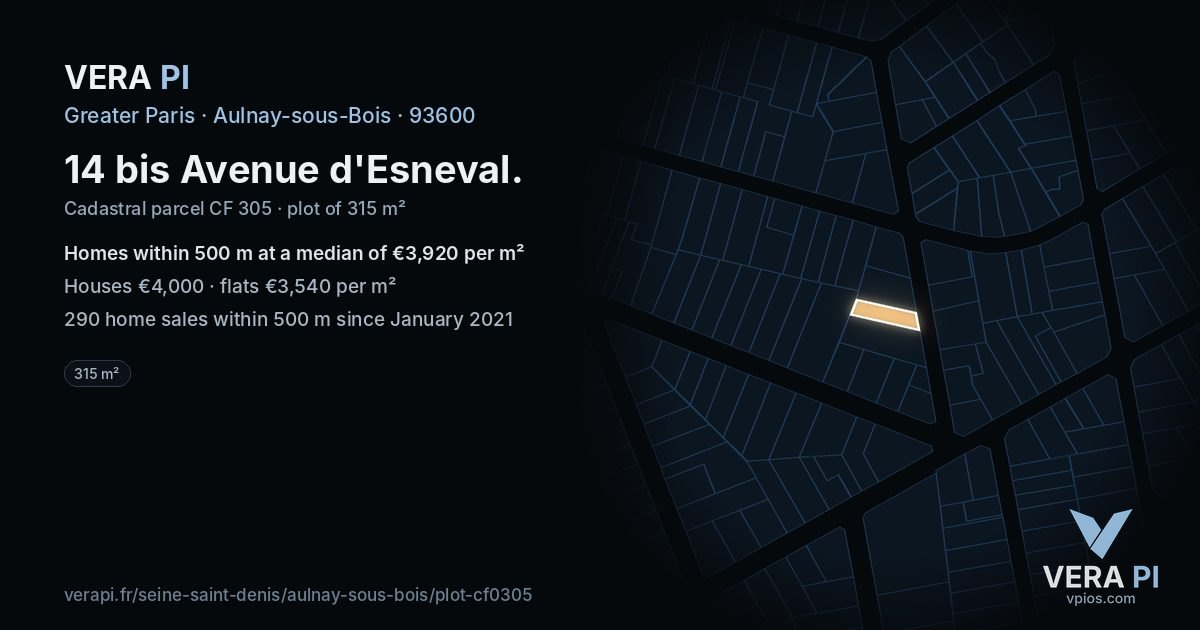 14 bis Avenue d'Esneval, Aulnay-sous-Bois at night – the plot lit, the parcels around coloured by the prices near them