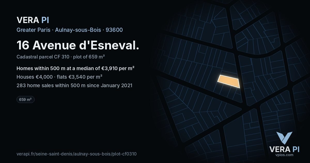 16 Avenue d'Esneval, Aulnay-sous-Bois at night – the plot lit, the parcels around coloured by the prices near them