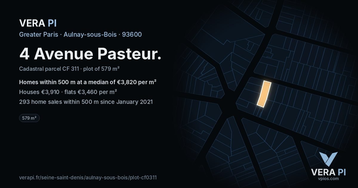 4 Avenue Pasteur, Aulnay-sous-Bois at night – the plot lit, the parcels around coloured by the prices near them