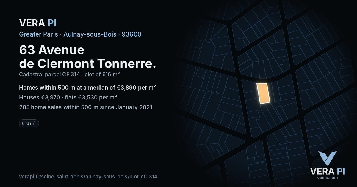 63 Avenue de Clermont Tonnerre, Aulnay-sous-Bois at night – the plot lit, the parcels around coloured by the prices near them