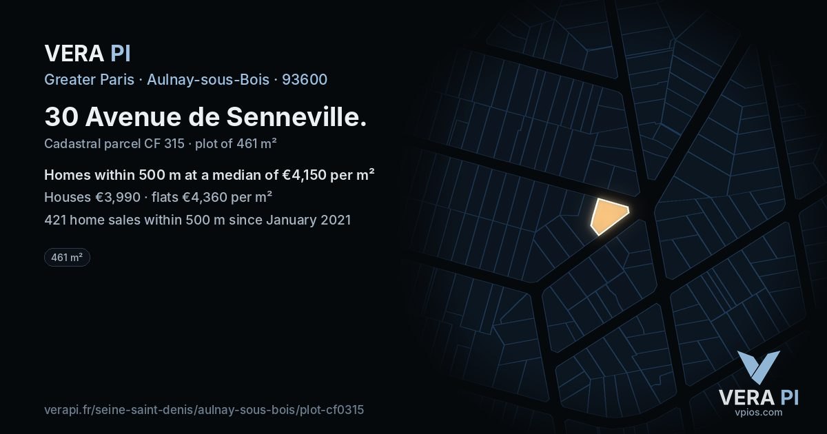 30 Avenue de Senneville, Aulnay-sous-Bois at night – the plot lit, the parcels around coloured by the prices near them