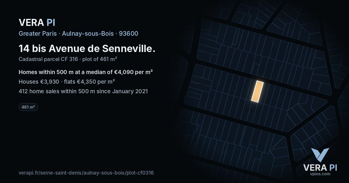 14 bis Avenue de Senneville, Aulnay-sous-Bois at night – the plot lit, the parcels around coloured by the prices near them