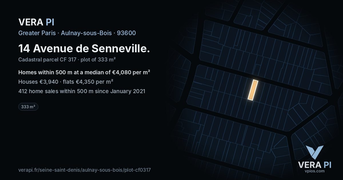 14 Avenue de Senneville, Aulnay-sous-Bois at night – the plot lit, the parcels around coloured by the prices near them